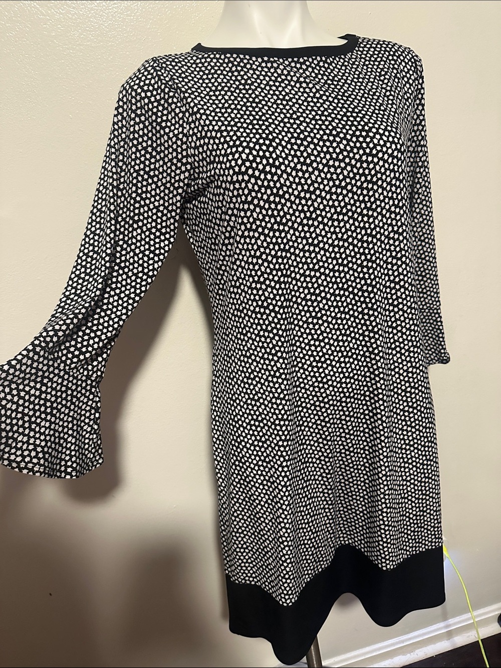 Michael Kors Black and White Dot Shift Dress with Flared Sleeves